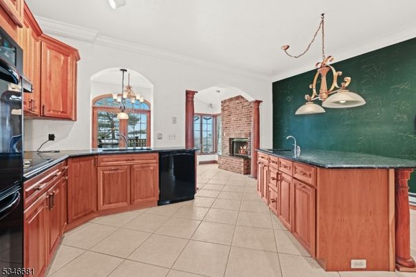 Chandelier, Fireplace, Interior, Kitchen, Pendant Lights, Stone Walls