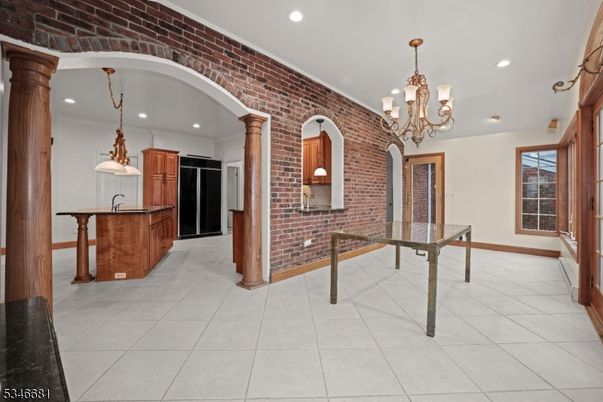 Chandelier, Interior, Kitchen, Pendant Lights, Recessed Lighting, Stone Walls