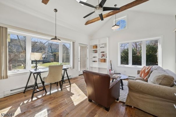 Dining room, Interior, Living room, Pendant Lights, Wooden Beams, Wood Texture Flooring