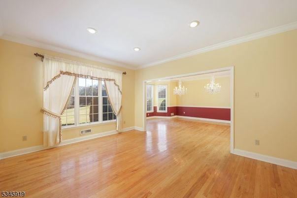 Chandelier, Empty room, Interior, Recessed Lighting, Wood Texture Flooring