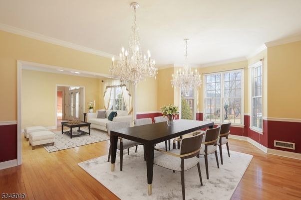 Chandelier, Dining room, Interior, Living room, Recessed Lighting, Wood Texture Flooring