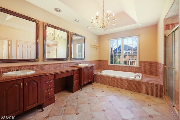 Bathroom, Chandelier, Dual Sink Vanities, Glass Shower, Interior, Recessed Lighting