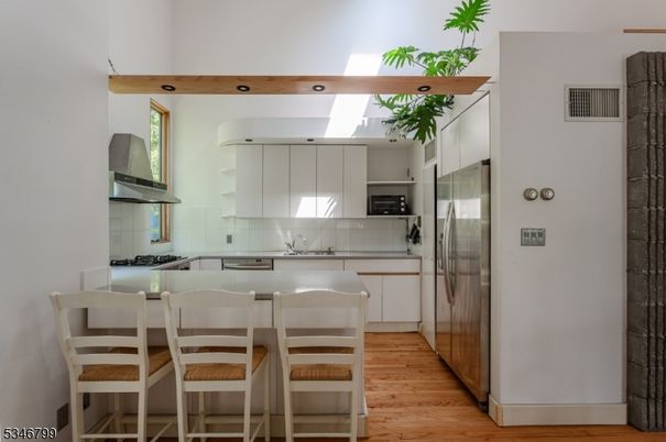 Interior, Kitchen, Recessed Lighting, Stainless Steel Appliances, Wooden Beams, Wood Texture Flooring