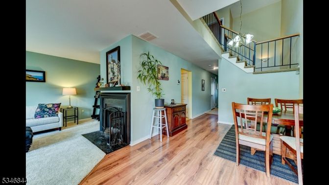 Dining room, Fireplace, Interior, Pendant Lights, Wood Texture Flooring