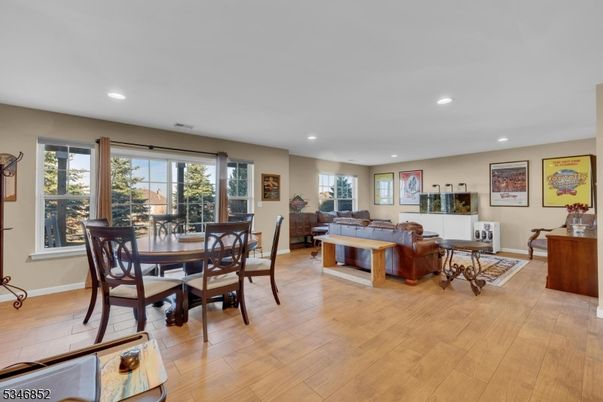 Dining room, Interior, Living room, Recessed Lighting, Wood Texture Flooring