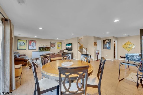 Dining room, Interior, Living room, Recessed Lighting, Wood Texture Flooring