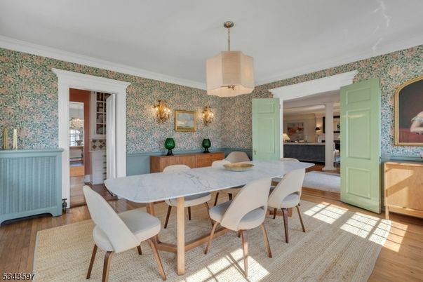 Dining room, Interior, Pendant Lights, Wood Texture Flooring