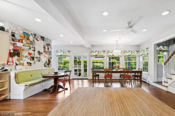 Chandelier, Dining room, Interior, Recessed Lighting, Wood Texture Flooring