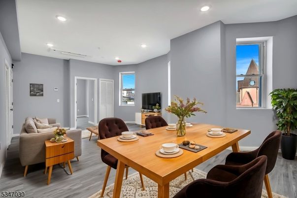 Dining room, Interior, Living room, Recessed Lighting, Wood Texture Flooring