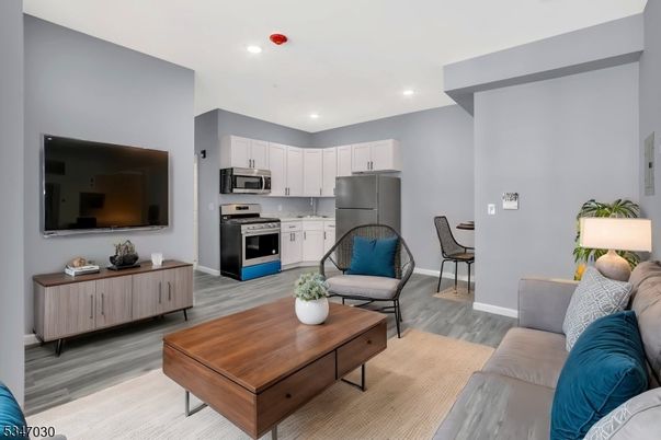 Interior, Kitchen, Living room, Recessed Lighting, Stainless Steel Appliances, Wood Texture Flooring