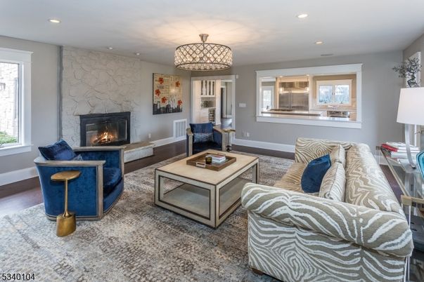 Fireplace, Interior, Living room, Recessed Lighting, Stone Walls