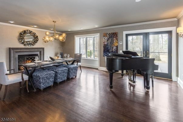 Dining room, Fireplace, Interior, Pendant Lights, Piano, Recessed Lighting, Wood Texture Flooring