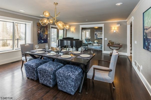 Dining room, Interior, Pendant Lights, Piano, Recessed Lighting, Wood Texture Flooring