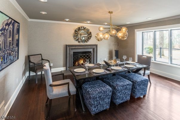 Dining room, Fireplace, Interior, Pendant Lights, Recessed Lighting, Wood Texture Flooring