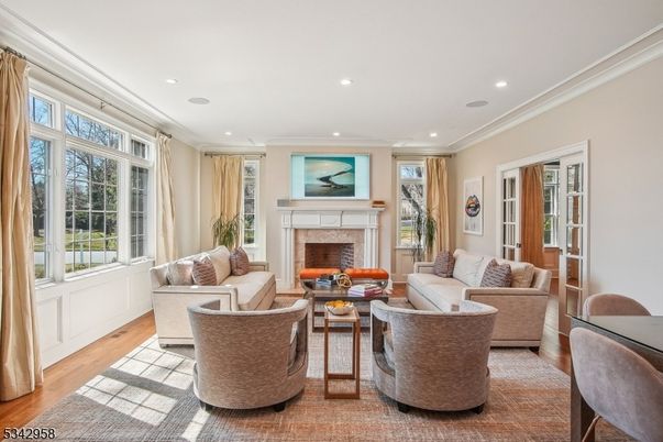 Fireplace, Interior, Living room, Recessed Lighting, Wood Texture Flooring