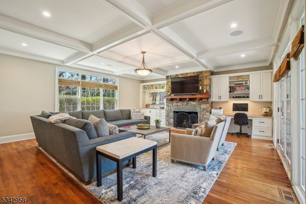 Fireplace, Home Office, Interior, Living room, Pendant Lights, Recessed Lighting, Wood Texture Flooring