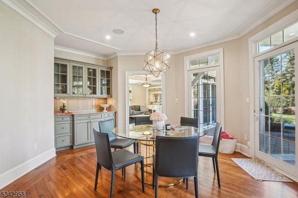 Dining room, Interior, Pendant Lights, Recessed Lighting, Wood Texture Flooring