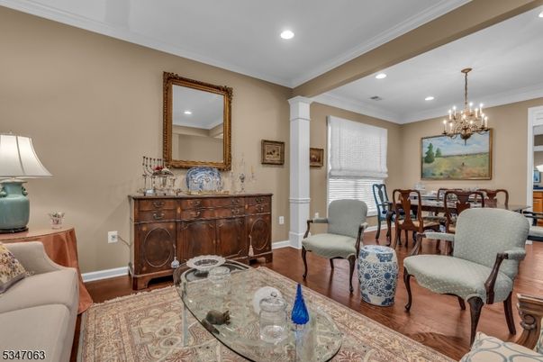 Chandelier, Dining room, Interior, Recessed Lighting, Wood Texture Flooring