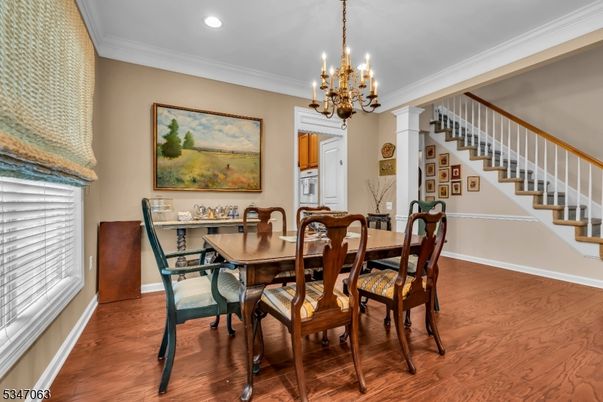 Chandelier, Dining room, Interior, Recessed Lighting, Wood Texture Flooring