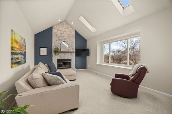 Fireplace, Interior, Living room, Recessed Lighting, Stone Walls