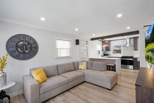 Interior, Kitchen, Living room, Pendant Lights, Recessed Lighting, Stainless Steel Appliances, Wooden Beams, Wood Texture Flooring