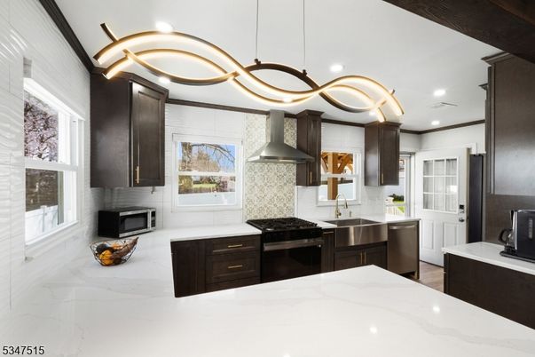 Interior, Kitchen, Marble, Pendant Lights, Recessed Lighting, Stainless Steel Appliances