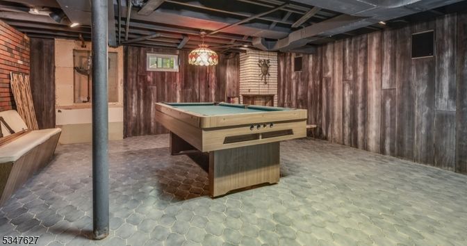 Billiard Table, Game Room, Interior, Pendant Lights, Stone Walls