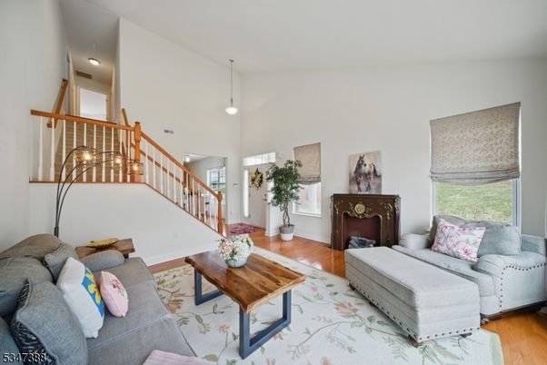 Fireplace, Interior, Living room, Pendant Lights, Wood Texture Flooring