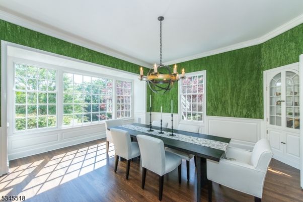 Chandelier, Dining room, Interior, Wood Texture Flooring