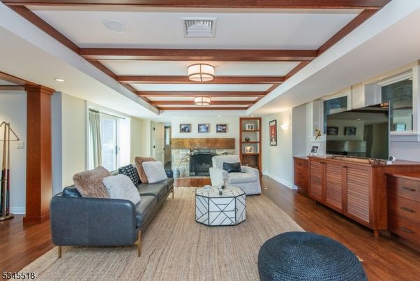Fireplace, Interior, Living room, Recessed Lighting, Wooden Beams, Wood Texture Flooring