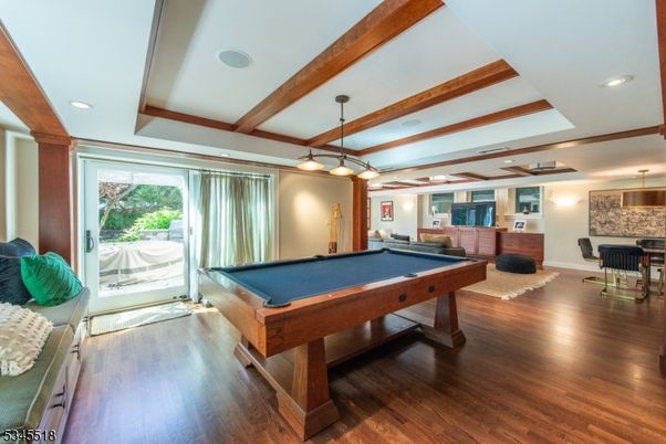 Billiard Table, Game Room, Interior, Pendant Lights, Recessed Lighting, Wooden Beams, Wood Texture Flooring