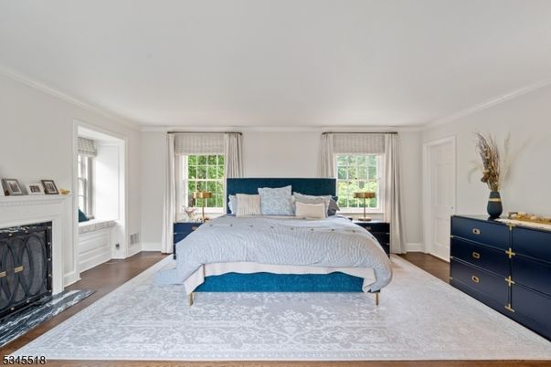 Bedroom, Fireplace, Interior, Wood Texture Flooring