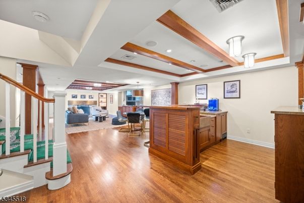 Dining room, Interior, Living room, Pendant Lights, Recessed Lighting, Wood Texture Flooring