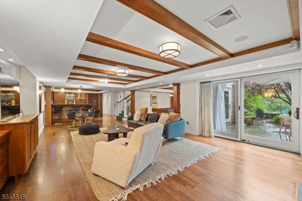 Dining room, Interior, Living room, Recessed Lighting, Wooden Beams, Wood Texture Flooring
