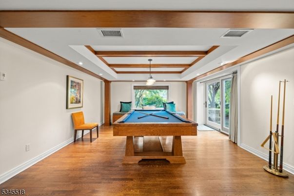 Billiard Table, Game Room, Interior, Pendant Lights, Recessed Lighting, Wood Texture Flooring