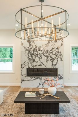 Chandelier, Interior, Living room, Marble Walls, Pendant Lights, Recessed Lighting, Wood Texture Flooring