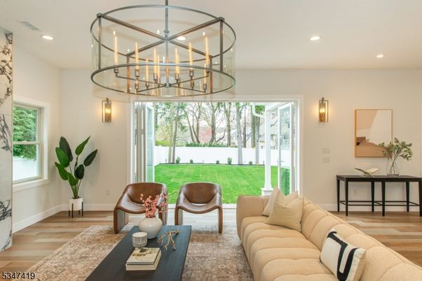 Chandelier, Interior, Living room, Recessed Lighting, Wood Texture Flooring