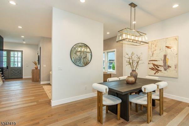Dining room, Interior, Pendant Lights, Recessed Lighting, Wood Texture Flooring