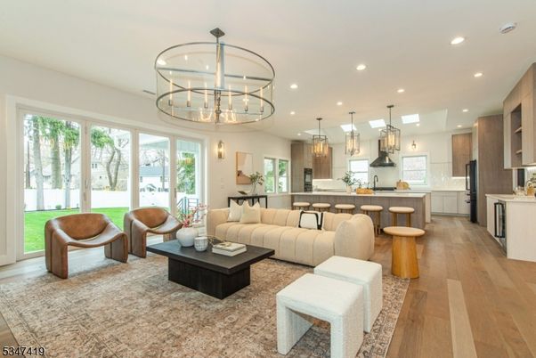 Chandelier, Dining room, Interior, Kitchen, Living room, Pendant Lights, Recessed Lighting, Wood Texture Flooring