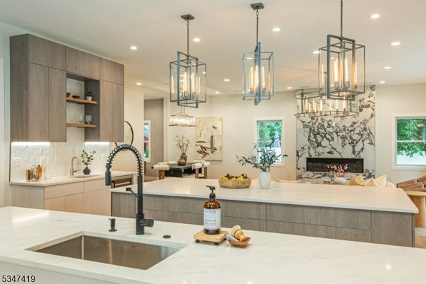 Fireplace, Interior, Kitchen, Pendant Lights, Recessed Lighting