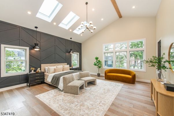 Bedroom, Interior, Pendant Lights, Recessed Lighting, Wooden Beams, Wood Texture Flooring