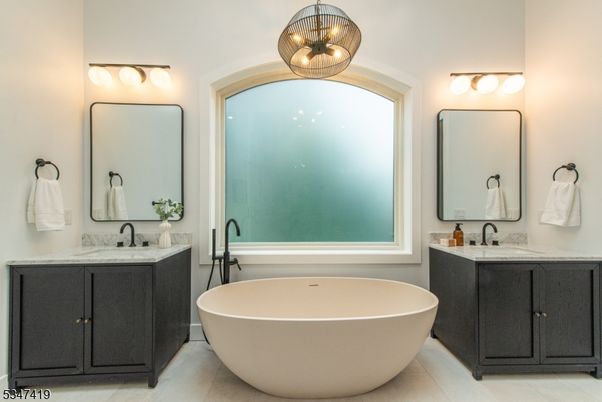 Bathroom, Dual Sink Vanities, Free Standing Baths, Interior, Pendant Lights