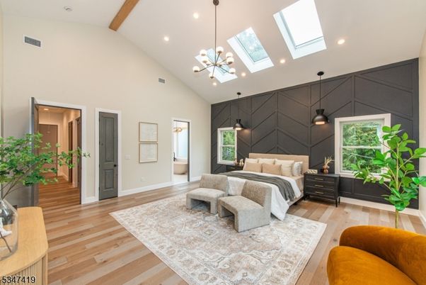 Bedroom, Interior, Pendant Lights, Recessed Lighting, Wooden Beams, Wood Texture Flooring