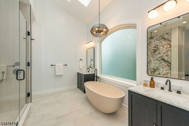 Bathroom, Dual Sink Vanities, Free Standing Baths, Glass Shower, Interior, Pendant Lights
