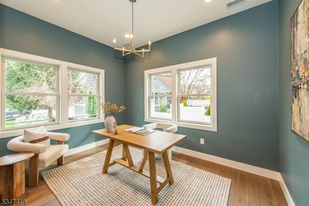 Home Office, Interior, Pendant Lights, Recessed Lighting, Wood Texture Flooring