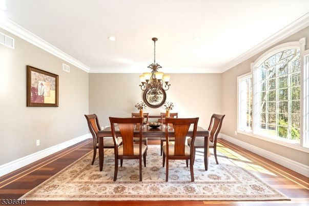 Chandelier, Dining room, Interior, Recessed Lighting, Wood Texture Flooring