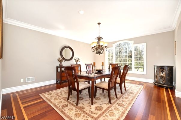 Chandelier, Dining room, Interior, Wood Texture Flooring