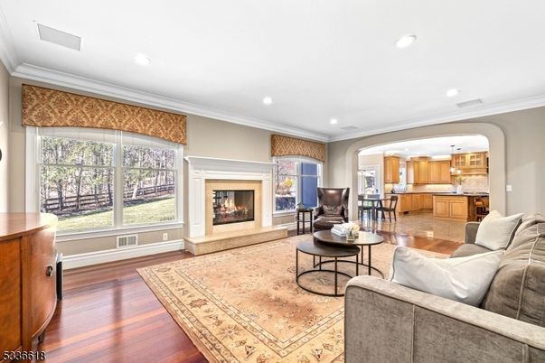 Fireplace, Interior, Kitchen, Living room, Pendant Lights, Recessed Lighting, Wood Texture Flooring