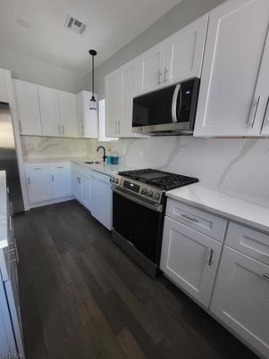 Interior, Kitchen, Marble Walls, Pendant Lights, Wood Texture Flooring