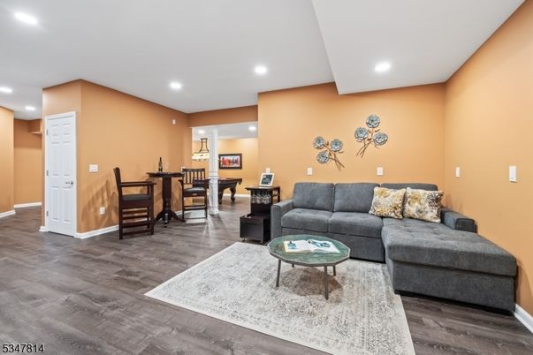 Dining room, Interior, Living room, Recessed Lighting, Wood Texture Flooring